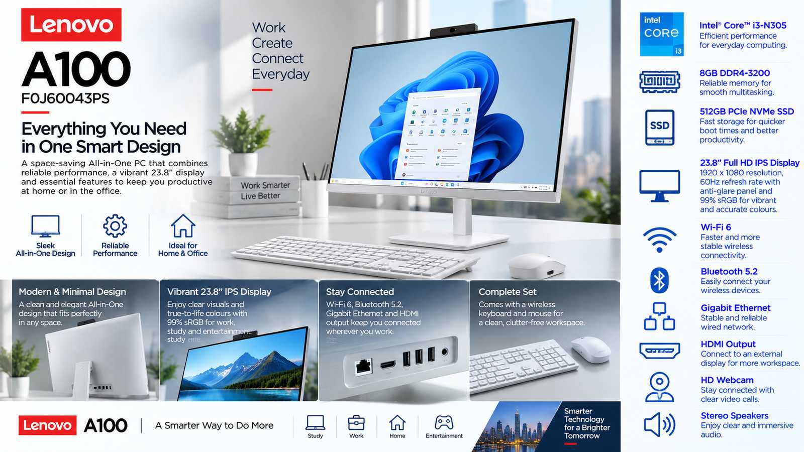 Lenovo A100 F0J60043PS All-in-One Desktop PC, Intel Core i3-N305, 8GB DDR4-3200, 512GB PCIe NVMe SSD, 23.8-inch FHD IPS 60Hz, Wi-Fi 6, Wireless English Keyboard & Mouse, DOS, Cloud Grey
